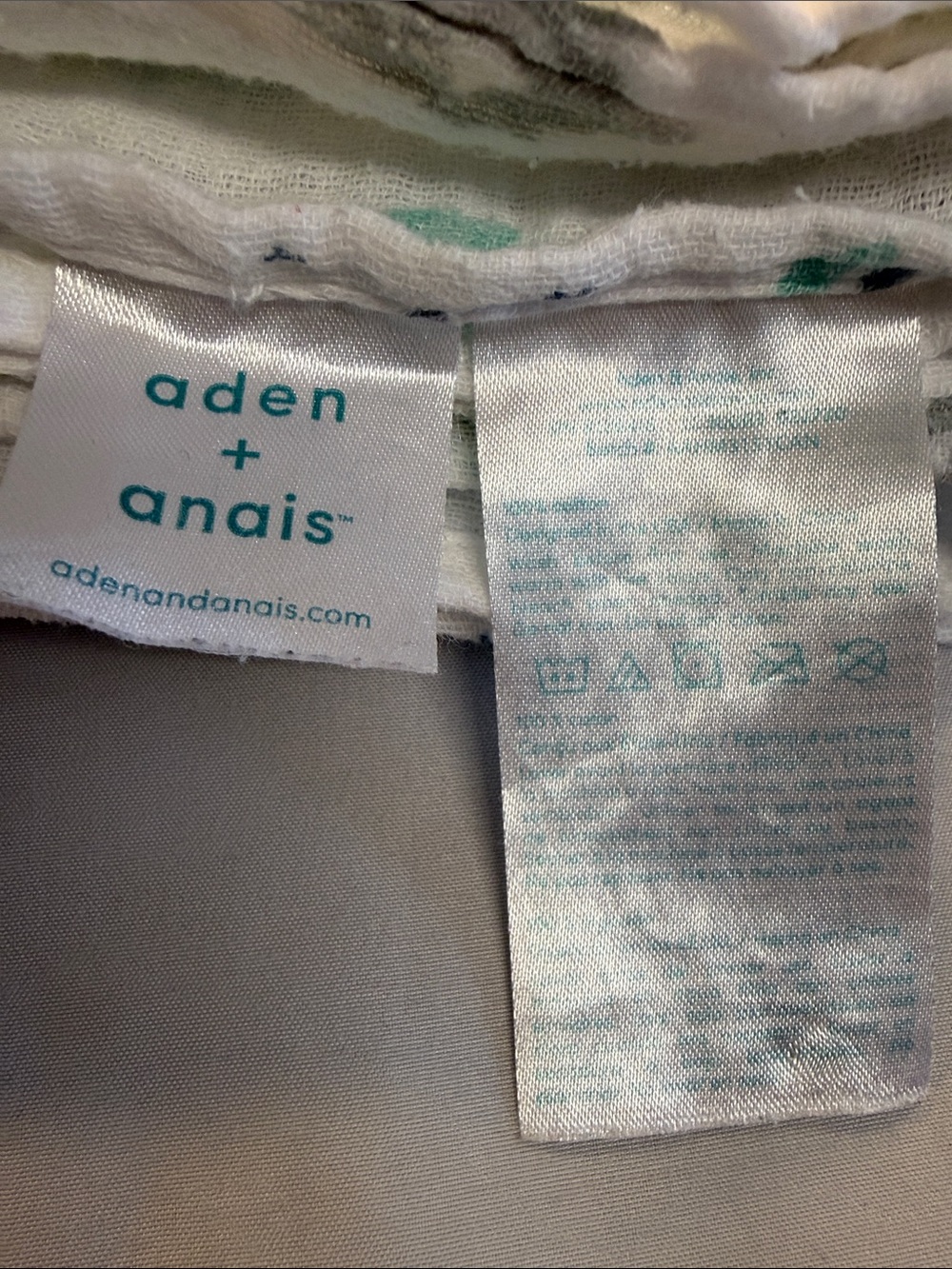aden + anais White Muslin Swaddle Blanket with Teal, Gray & Green Prints - Picture 2 of 2